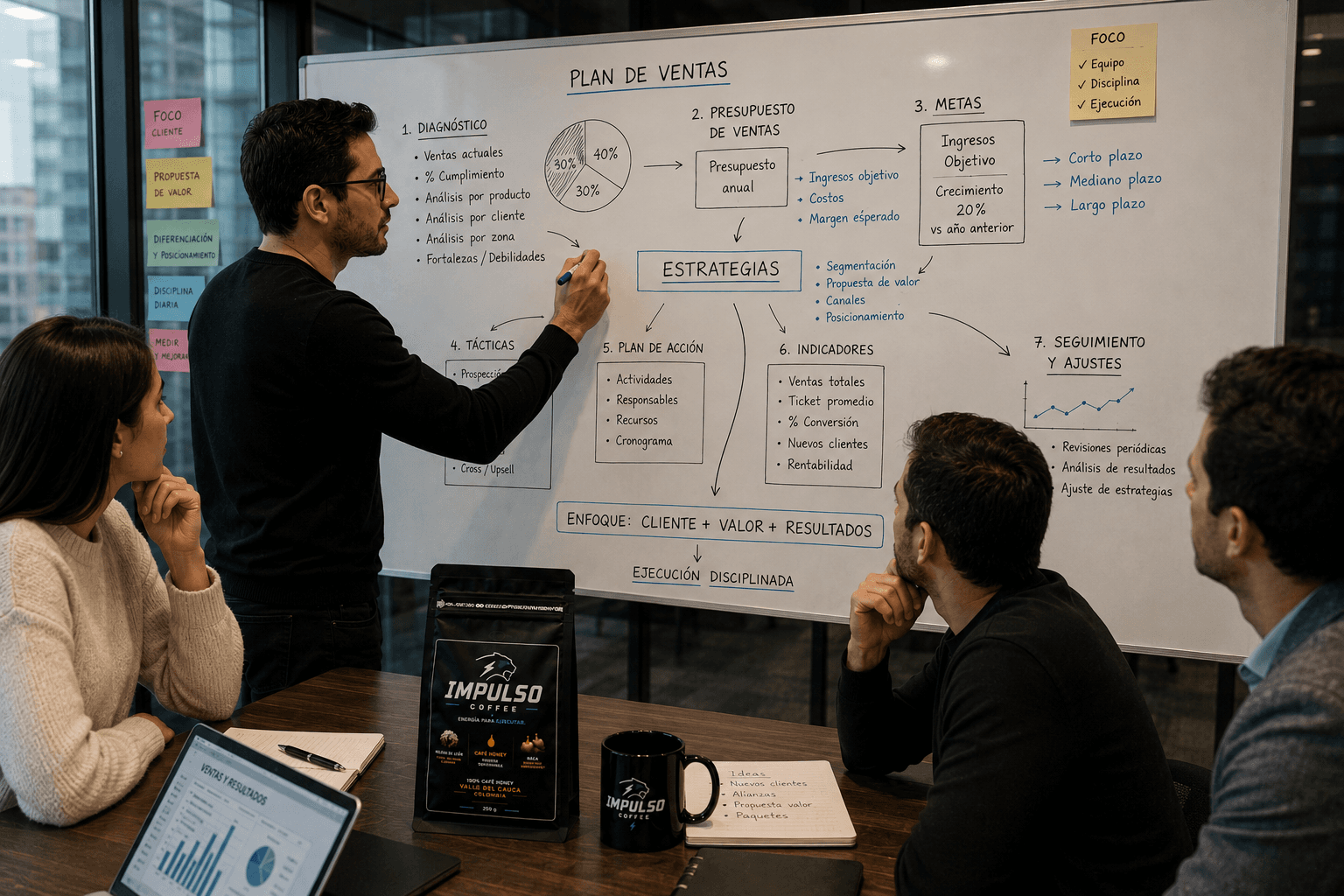 Brainstorming en tablero con Impulso Coffee