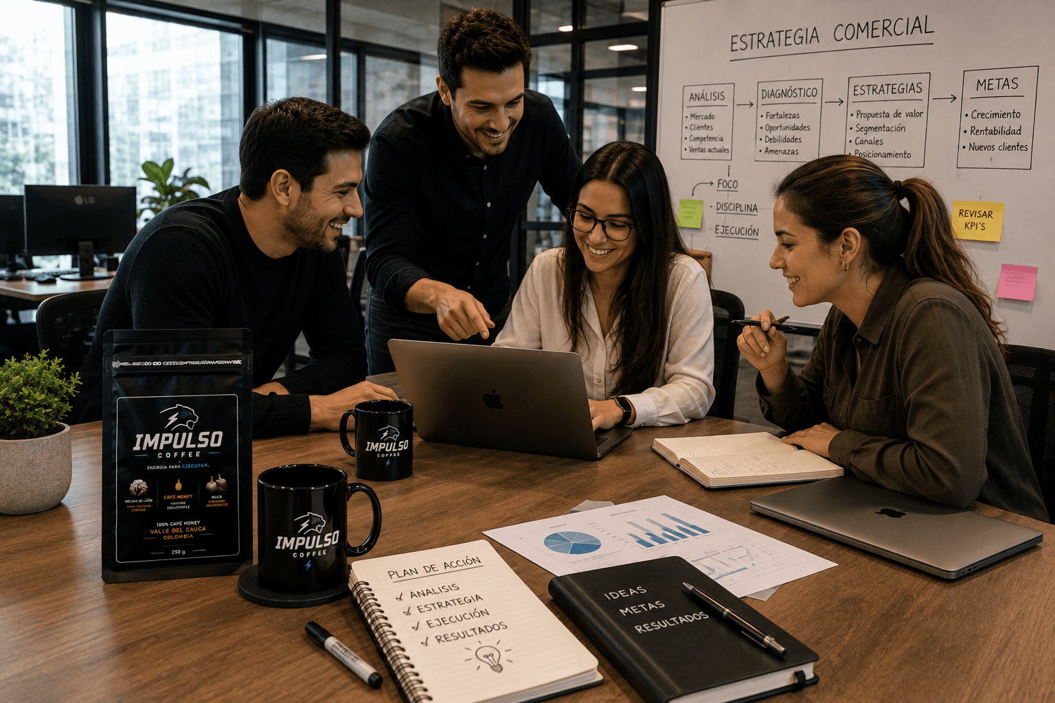 Equipo colaborando en una oficina con Impulso Coffee