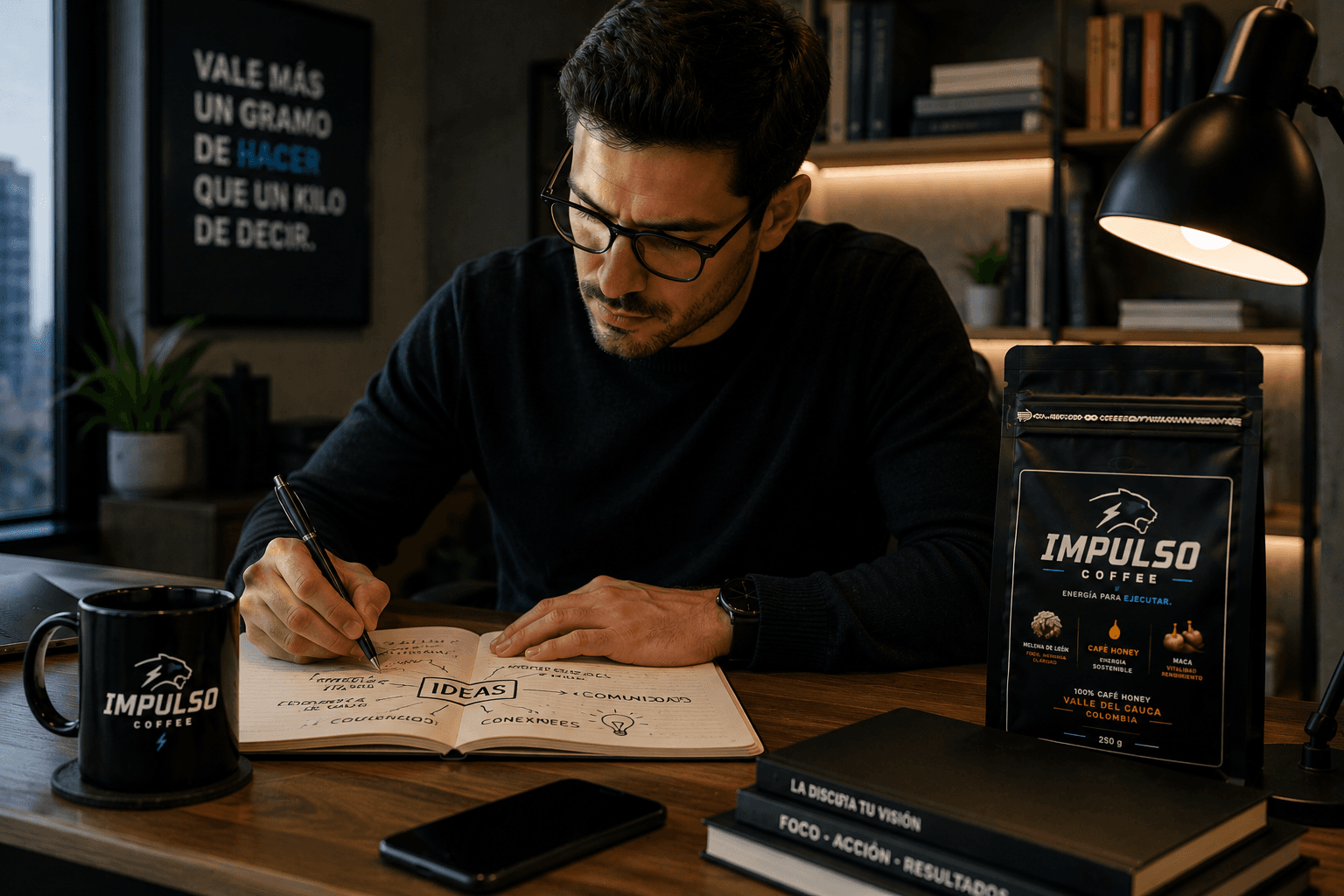 Persona escribiendo ideas con Impulso Coffee